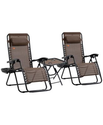 Zero Gravity Chair Set 3 Piece Recliner with Side Table Cup Holder Headrest Brown Poolside Camping