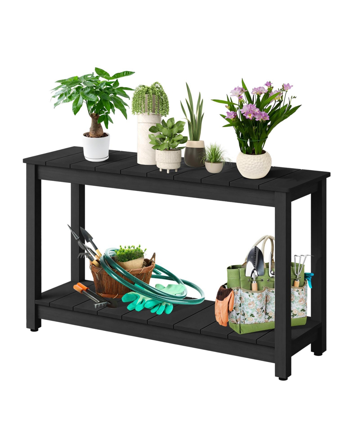 homfan 48" Weather-Resistant Wood Outdoor Console Table with 2-Tier Shelf