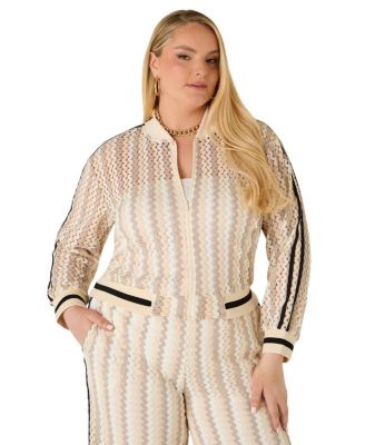 Plus Size Striped Crochet-Knit Bomber Jacket