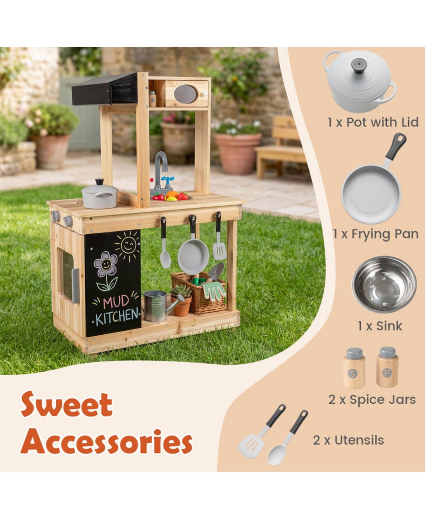 Детская игрушка SUGIFT Outdoor Mud Kitchen with Rotatable Stove Knobs, Ages 3+, цвет: Натуральный — фото 4