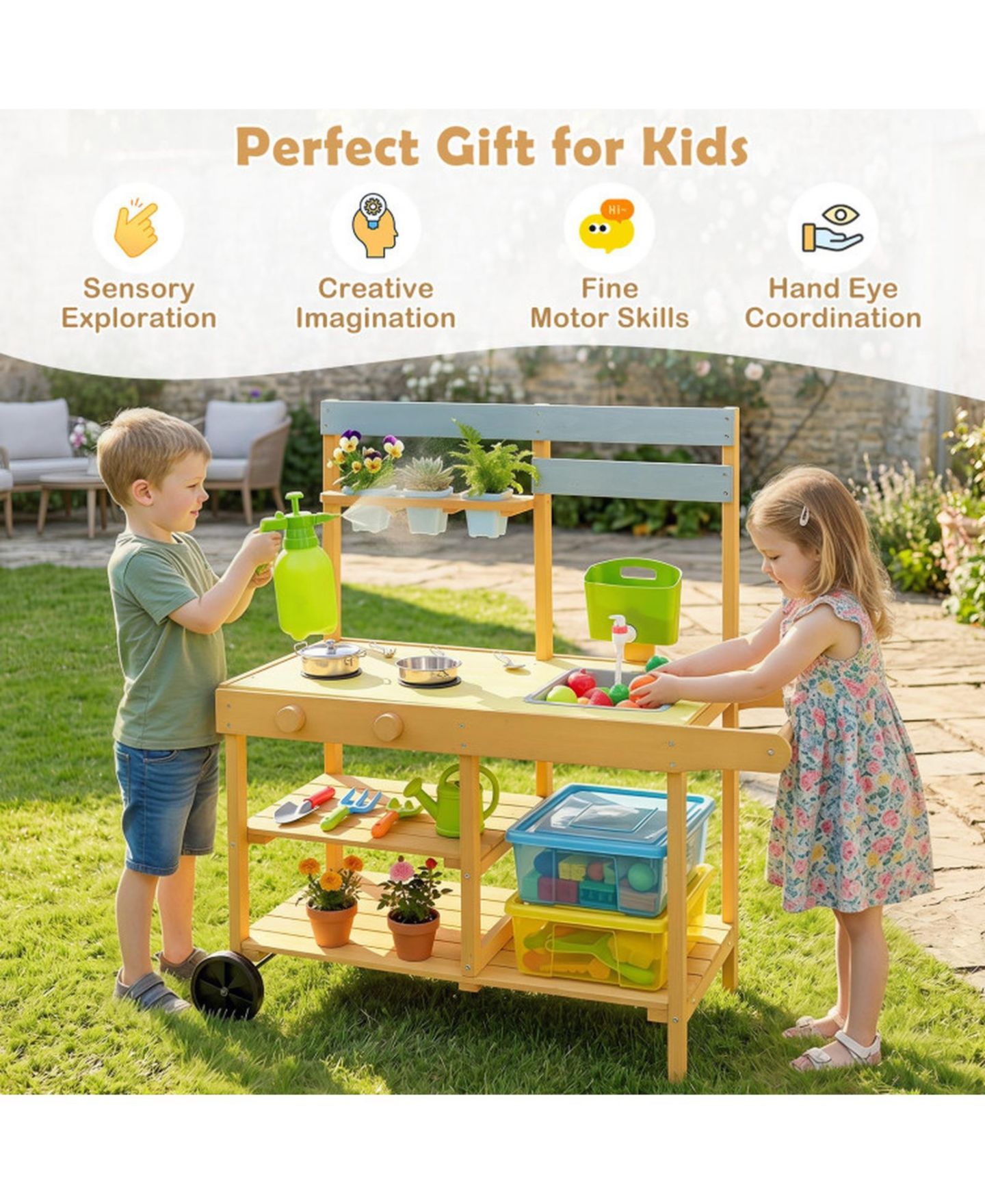 Детская игрушка SUGIFT Mobile Wooden Mud Kitchen with 3 Flowerpots and Cooking Accessories, Ages 3+, цвет: Жёлтый — фото 8
