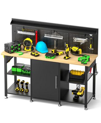 60" Heavy-Duty Workbench with Cabinet, Wood Top, Pegboard and Power Outlet