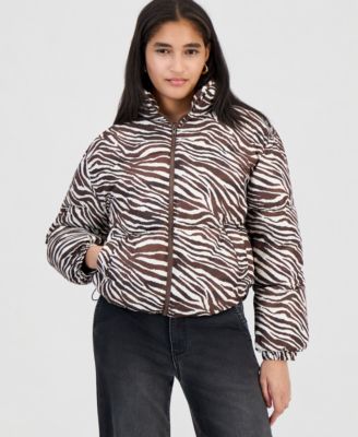 Juniors' Printed Zip-Front Puffer Jacket