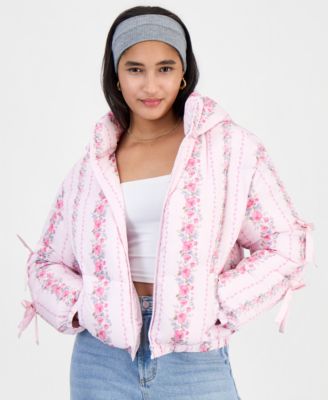 Women's Floral-Print Hooded Short Puffer Jacket