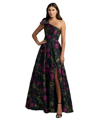 Petite One-Shoulder Floral-Brocade Oversized-Bow Ball Gown