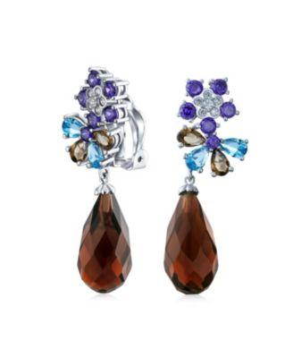 Burgundy CZ Teardrop Flower Clip-On Earrings Silver Plated Brass Prom Jewelry