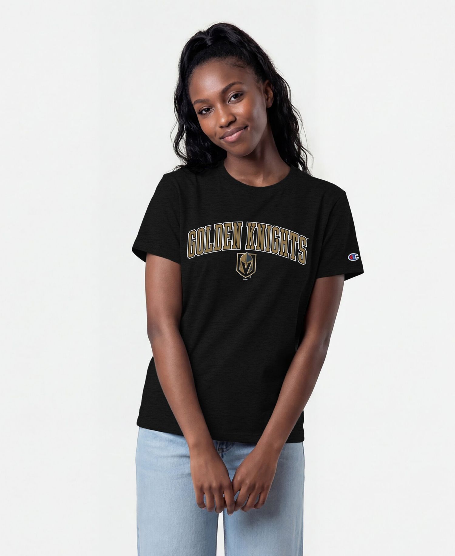 Women's Vegas Golden Knights Arch Mascot Logo Screen Print T-Shirt