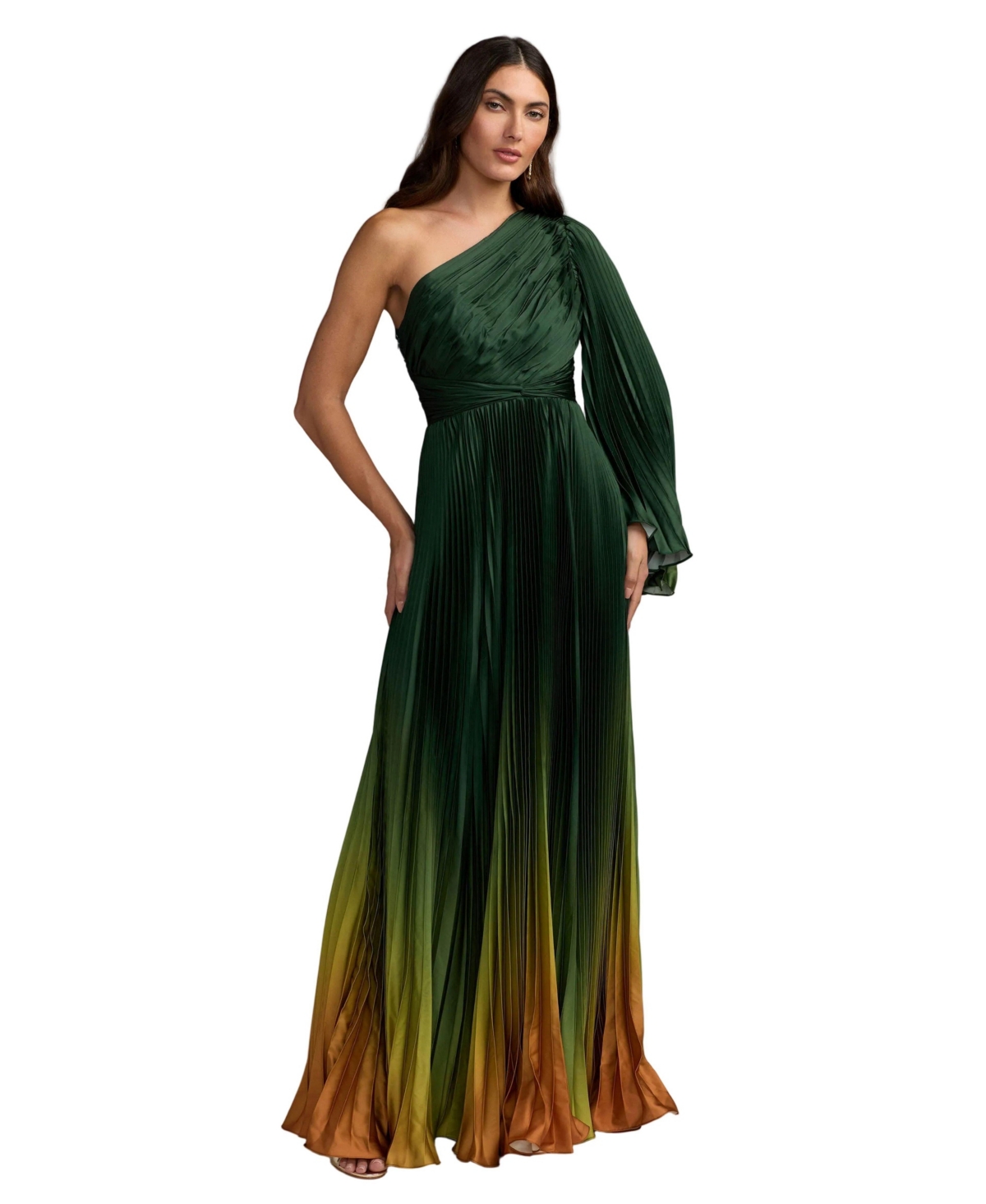 Ieena for Mac Duggal - Green Ombre Pleated Charmeuse One Shoulder Ombre Gown - US 4