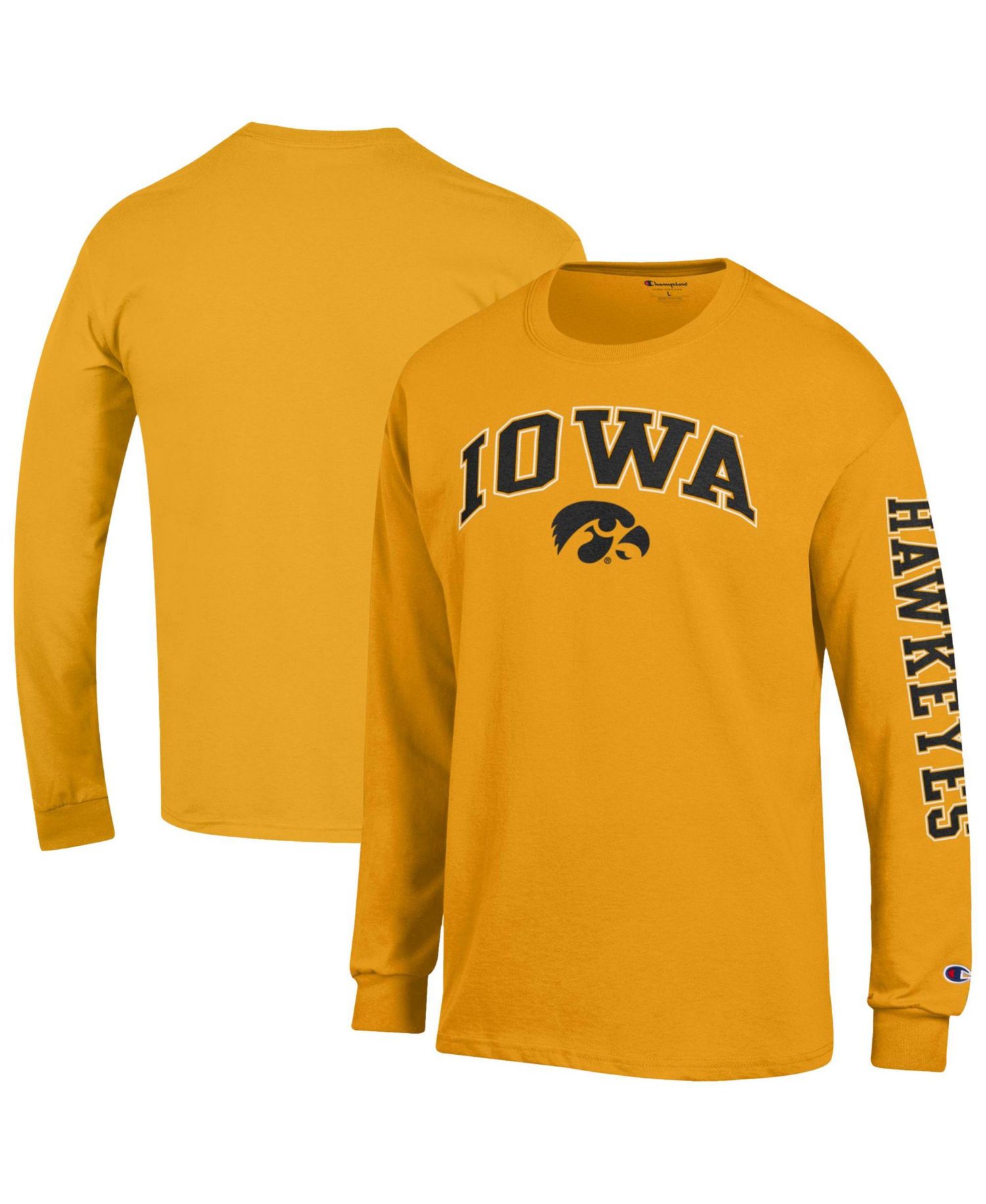 Men's Gold Iowa Hawkeyes Arch Over Logo 2-Hit Long Sleeve T-Shirt