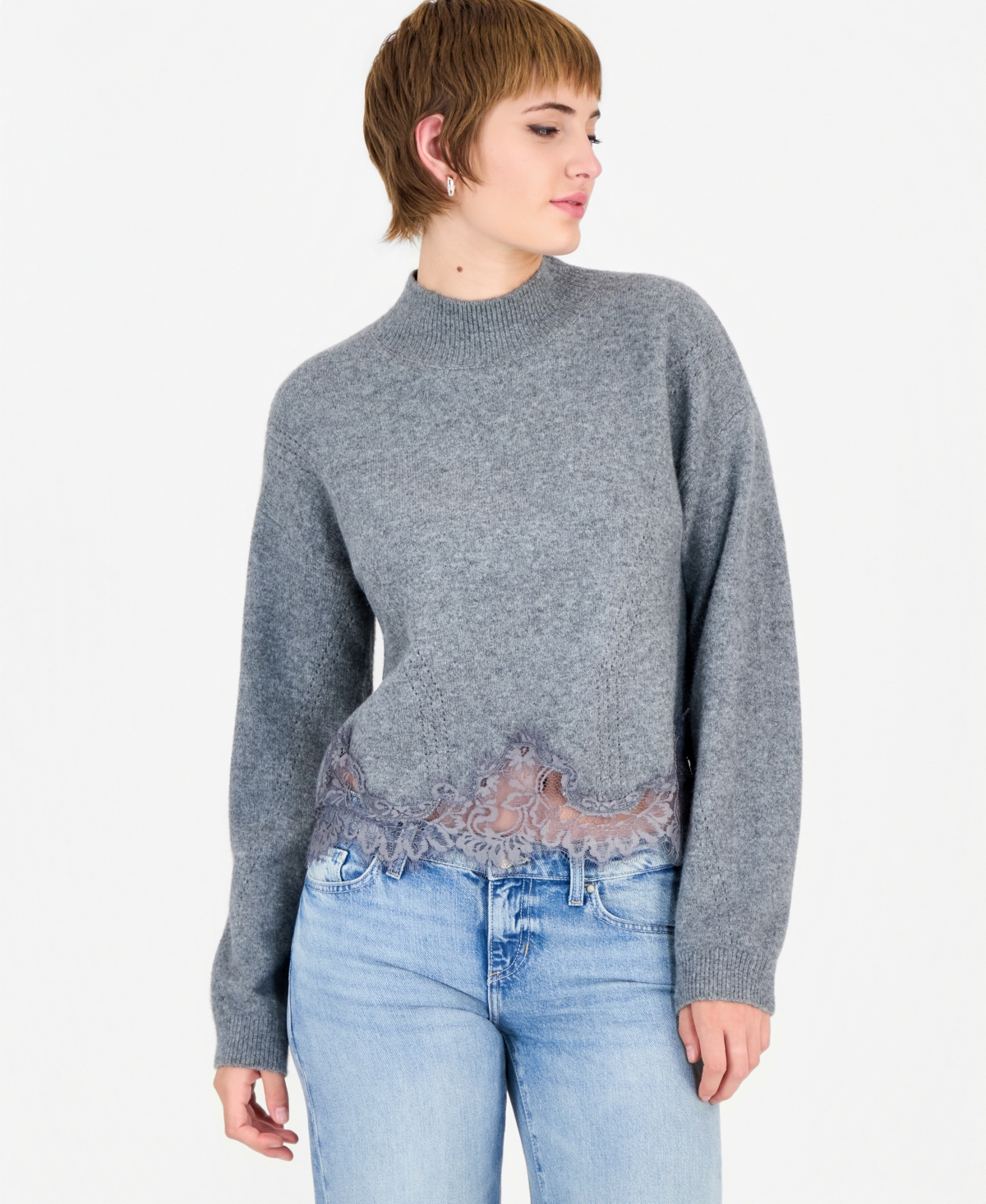Guess Women's Hayden Mock Neck Long Sleeve Lace Sweater