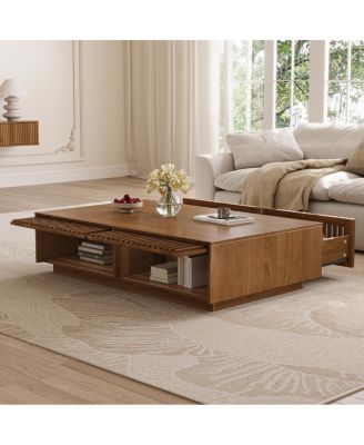  Mid Century Modern Solid Wood Coffee Table with Slatted Storage Drawers