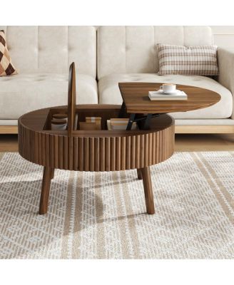  Modern Round Lift-Top Fluted Coffee Table with Hidden Storage, Walnut