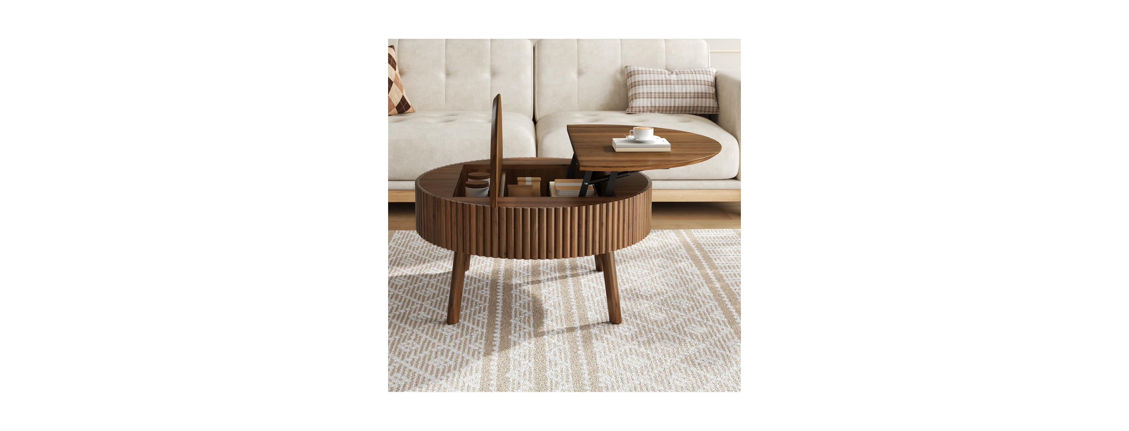 Streamdale Furniture Modern Round Lift-Top Fluted Coffee Table with Hidden Storage, Walnut
