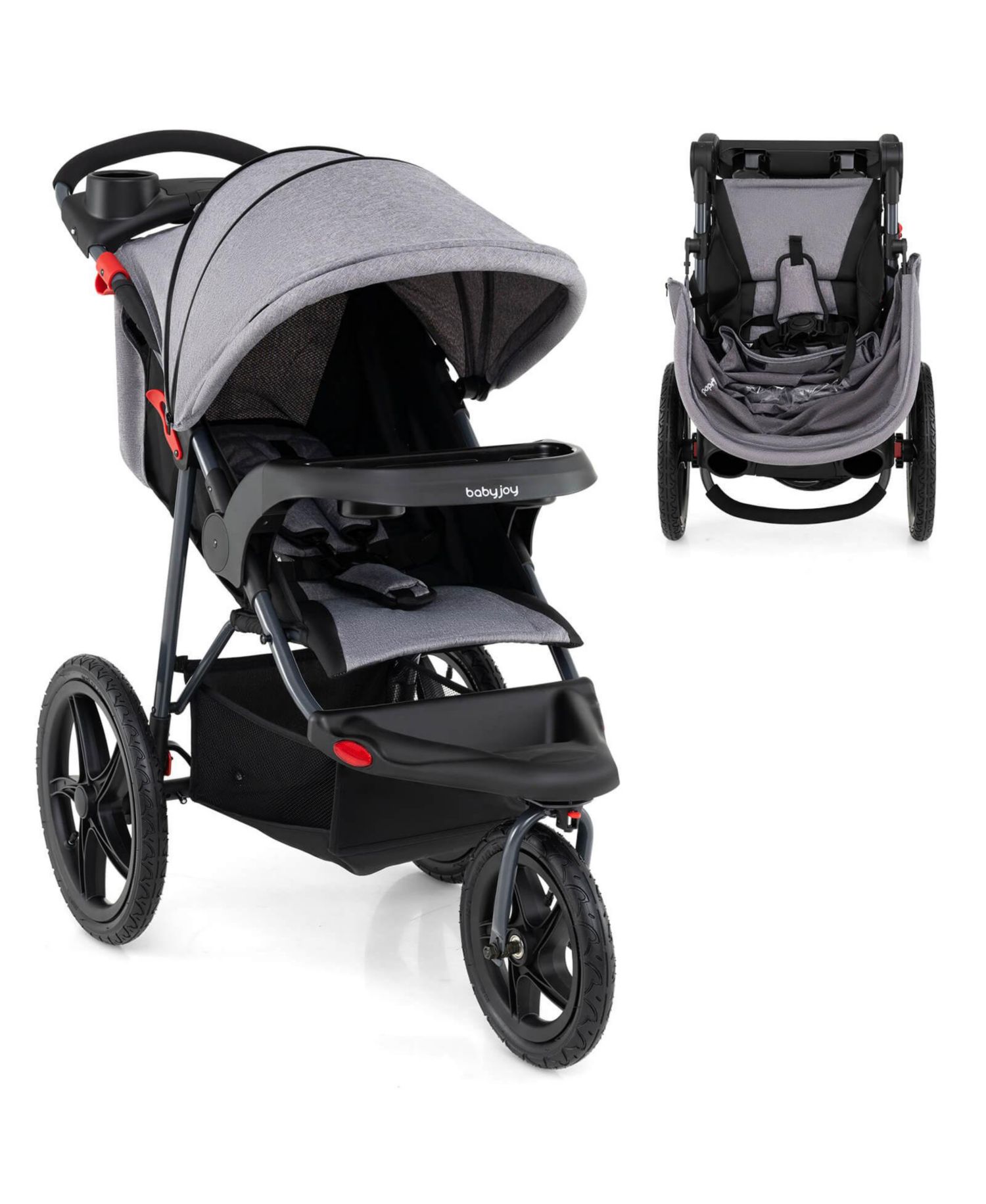 Jogging Stroller Foldable Jogger with Adjustable Canopy Detachable Tray Cup