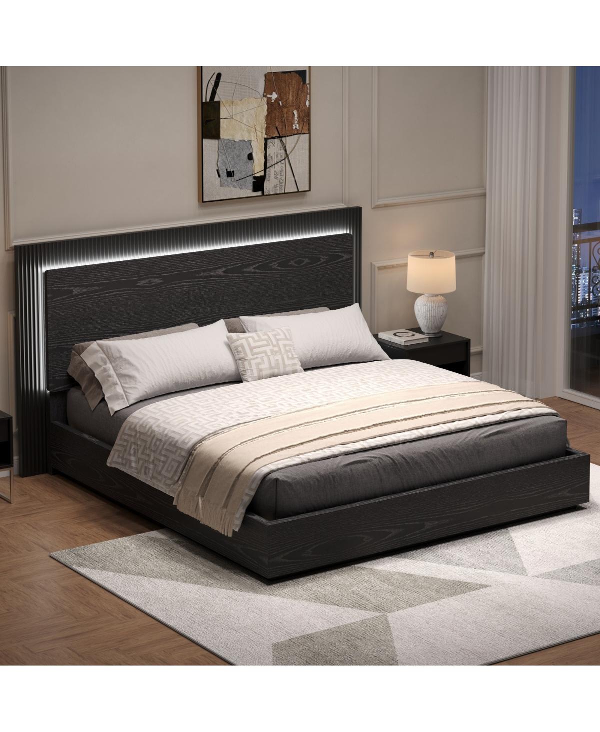 Streamdale Furniture Platform Bed Frame with Headboard and Led Light, Wood Slat Support,King