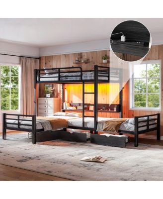  Triple Twin L-Shaped Loft Bed with Storage, LED and USB