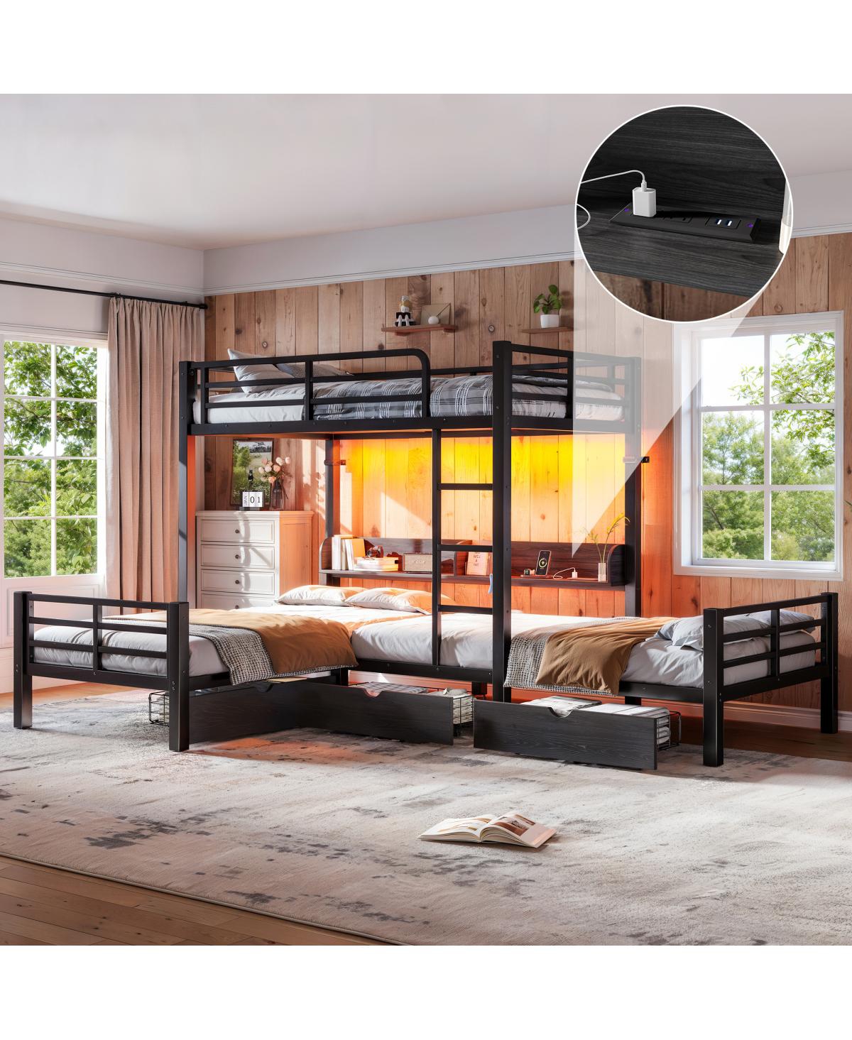 Streamdale Furniture Triple Twin L-Shaped Loft Bed with Storage, Led and Usb
