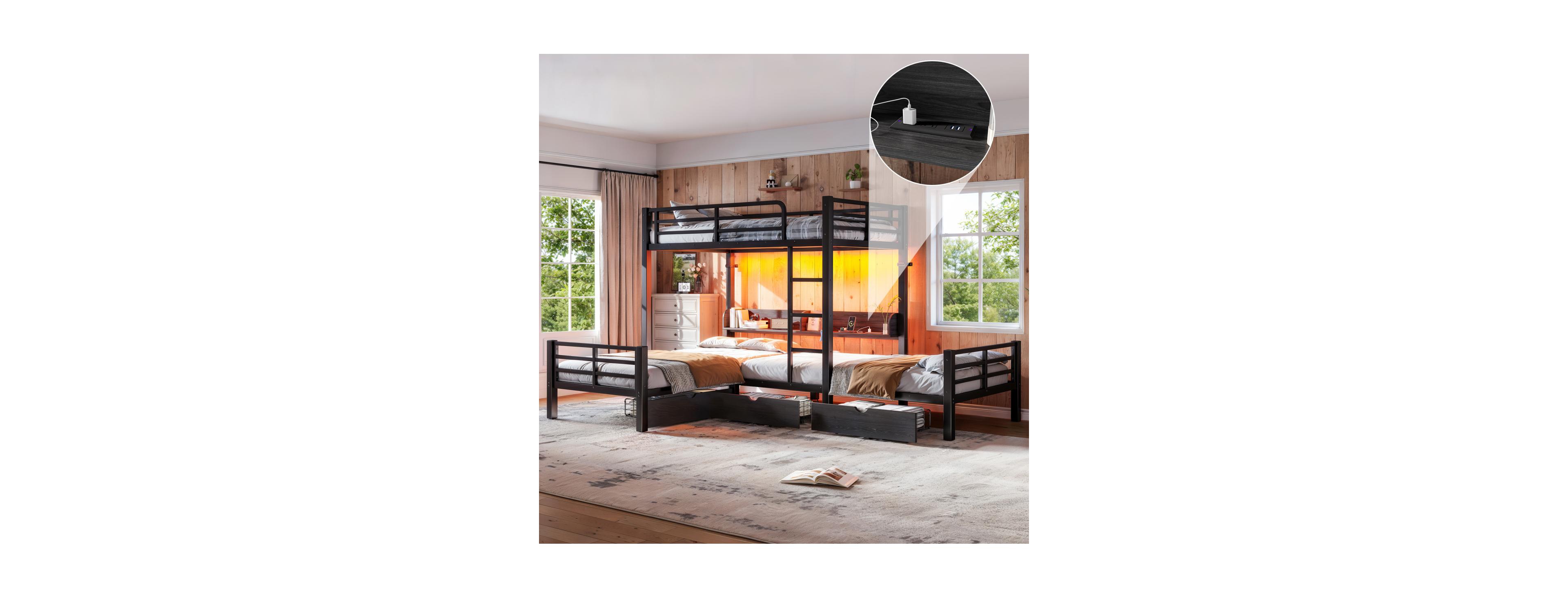 Streamdale Furniture Triple Twin L-Shaped Loft Bed with Storage, Led and Usb