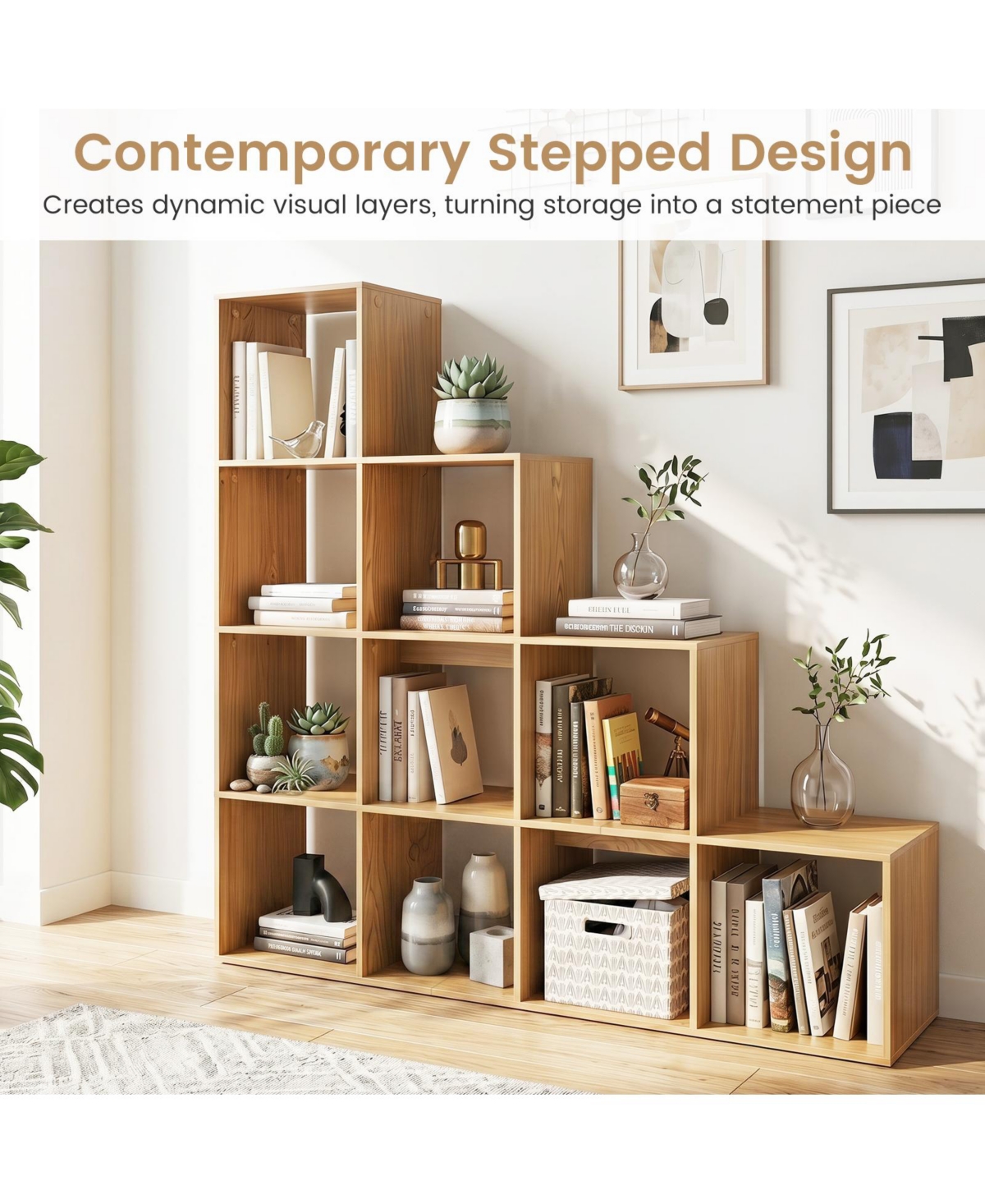 Gymax 4-Tier Bookshelf 10-Cube Stepped Bookcase w/2 Anti-Tipping Kits for Home Office