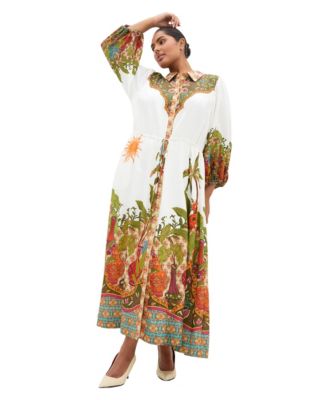 Plus Size Fools Paradise Print Collared 3/4-Sleeve Maxi Dress