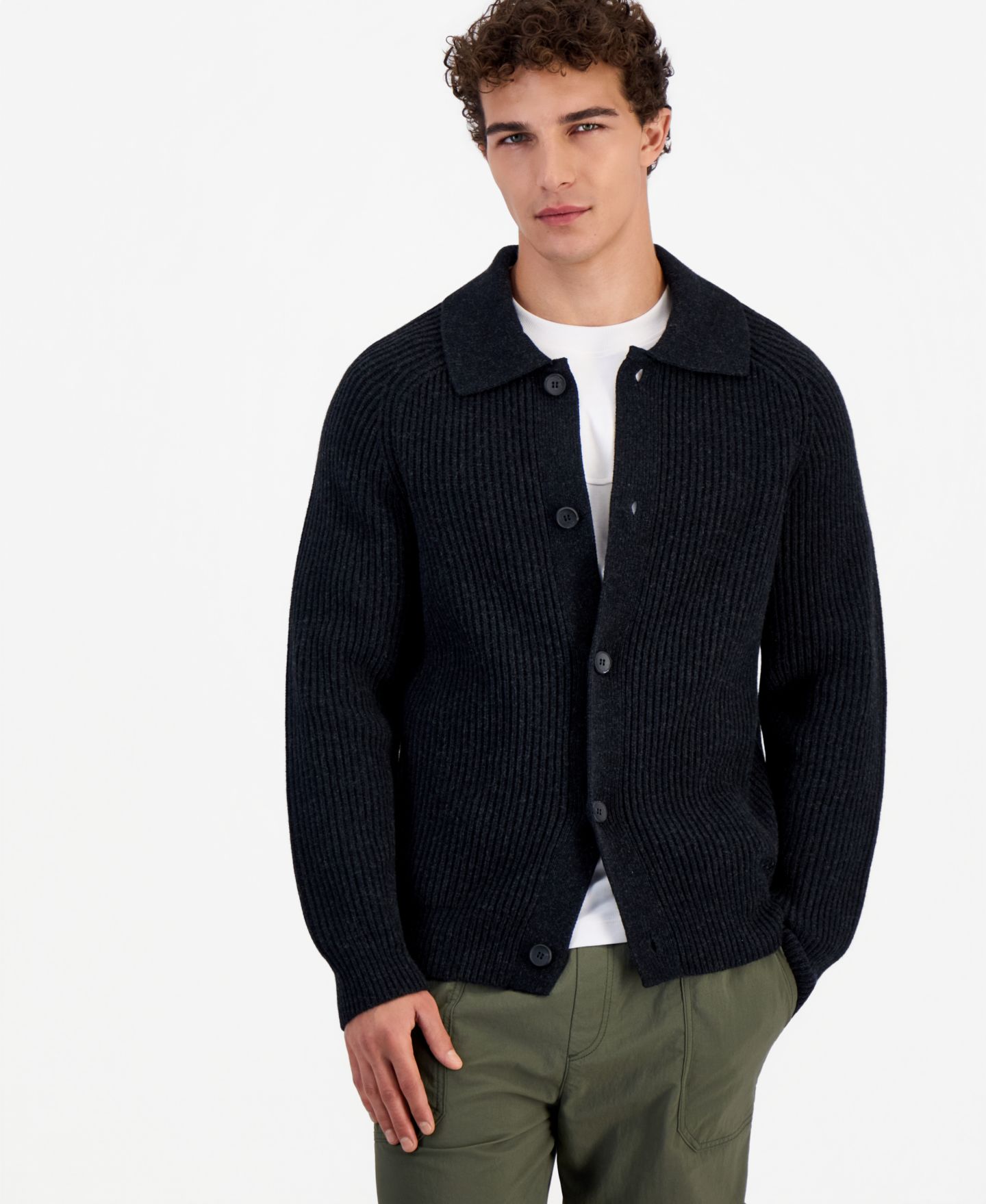 Мужской кардиган Hugo Boss Sardeep Relaxed-Fit Ribbed-Knit Wool-Blend, цвет: Чёрный — фото 1