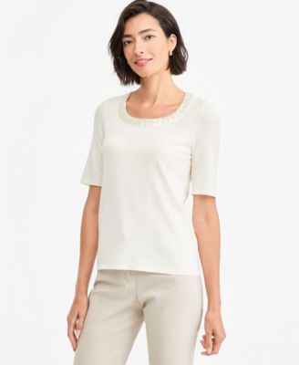 Women's Short-Sleeve Scoop-Neck Embellished Sweater
