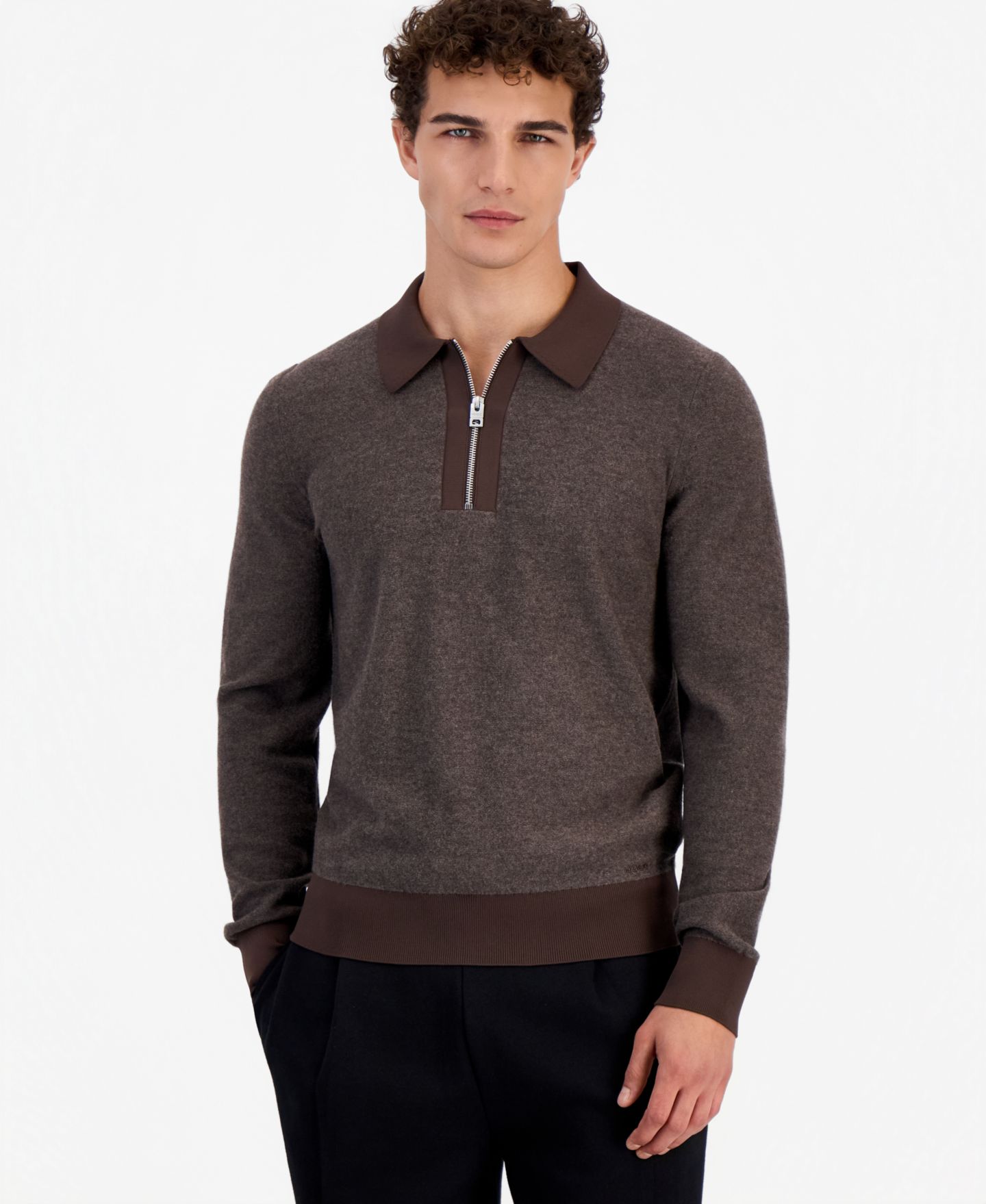 Мужской свитер Hugo Boss Quarter-Zip Long-Sleeve Wool, цвет: Brnoverflw — фото 1