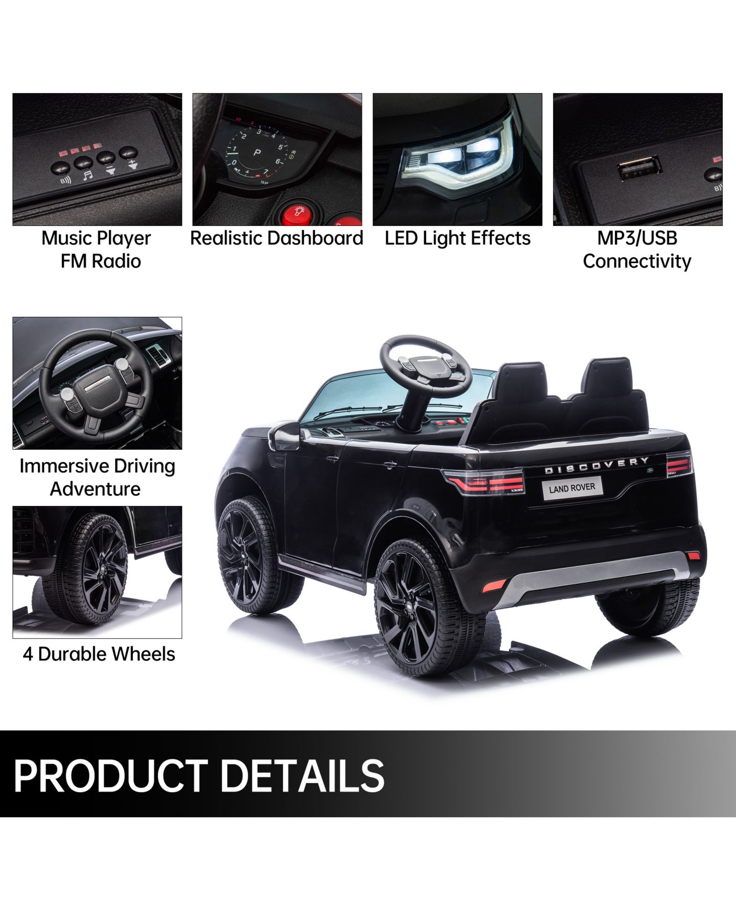 Детская игрушка homfan 12V Licensed Land Rover 2-Seater Battery-Powered Ride-On Car with Remote Control, Ages 3-8, цвет: Чёрный — фото 7