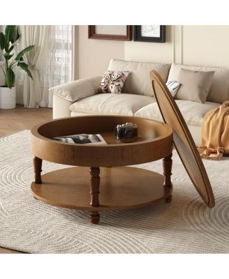 Solid Wood Round Lift-Top Coffee Table with Hidden Storage and Shelf