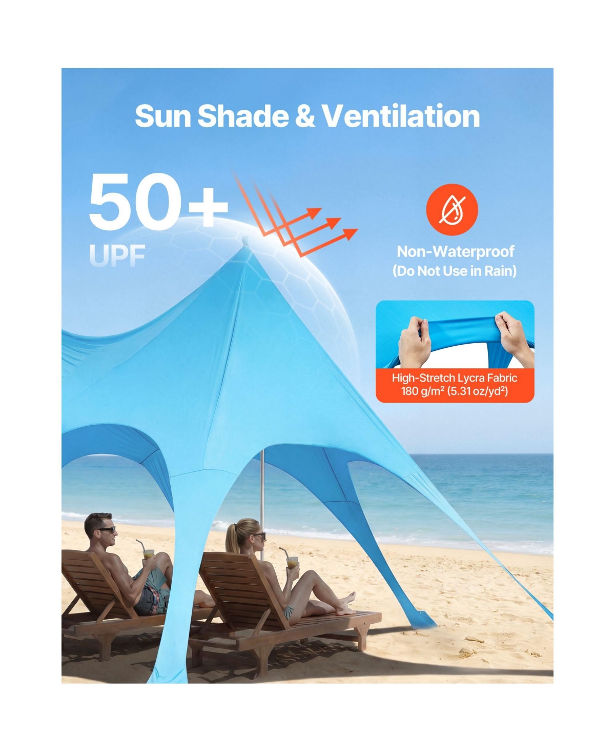 Mountaintop Beach Tent Sun Shelter, UPF50+ Pop-Up Canopy, 9.2ft Tall, 20x13ft, Sandbags, Support Poles and Sand Shovels for Family Camping Fishing