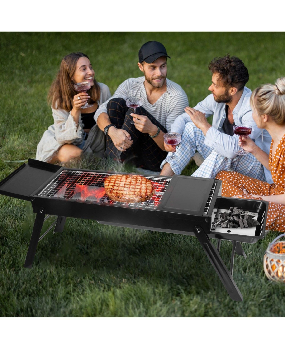 Mountaintop Foldable Charcoal Bbq Grill, w/ Shelf and Stainless Steel Net, Easy Setup, Portable Tabletop, for Camping, Picnic, Outdoor Party, Backyard