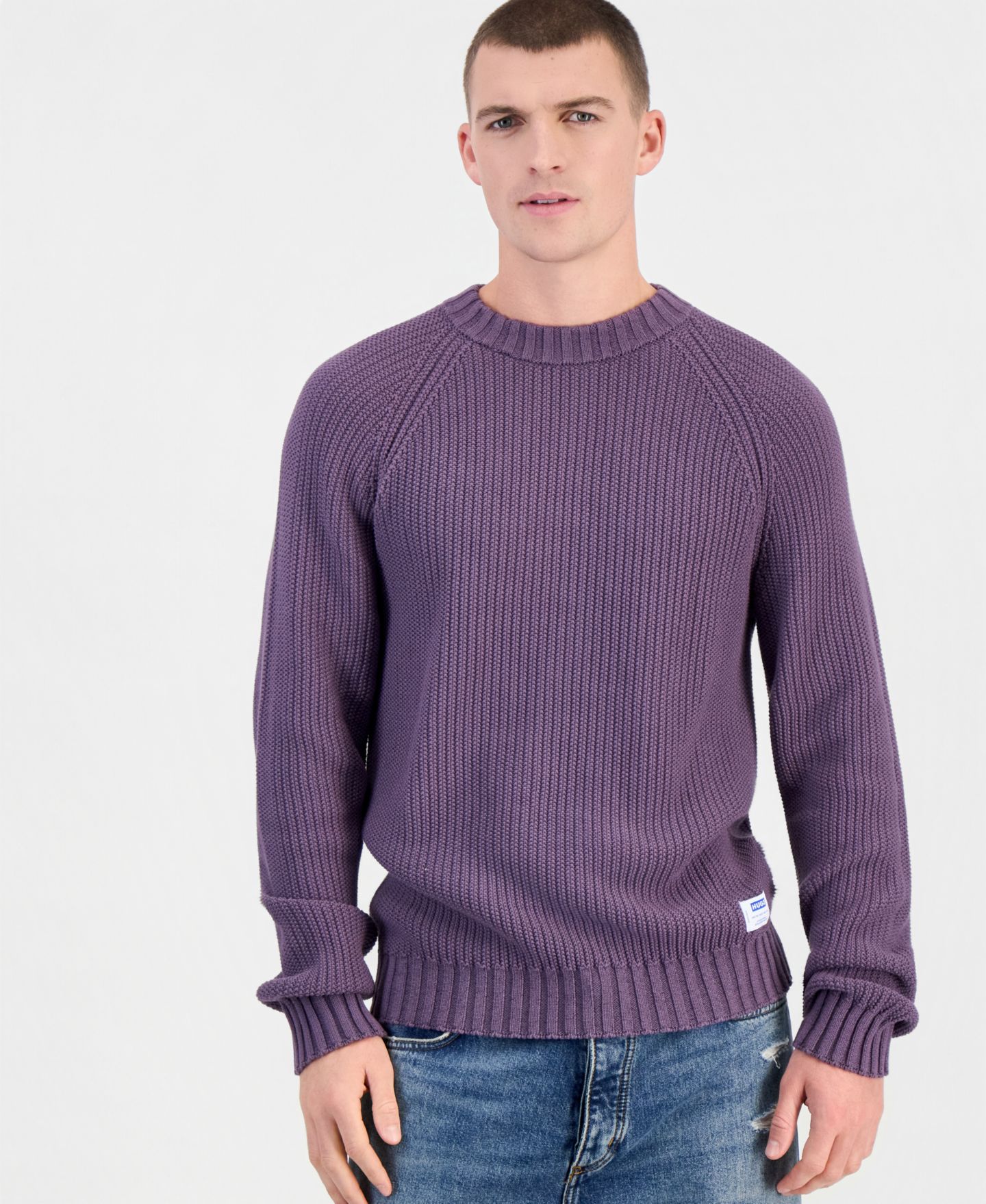 Мужской свитер Hugo Boss Sonnee Crew Neck Regular-Fit Raglan, цвет: Фиолетовый — фото 1