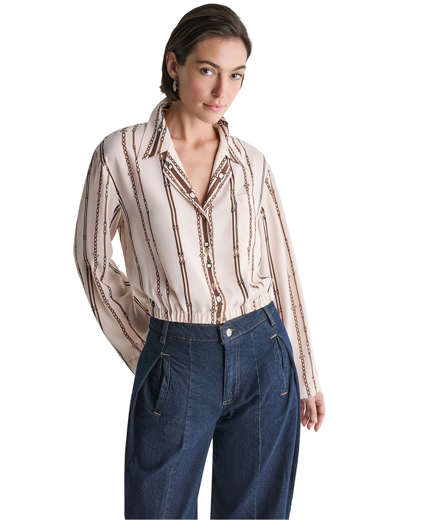 Женский топ BCBG Collared Long-Sleeve Crop Button-Up, цвет: Миндальный комбинированный — фото 3