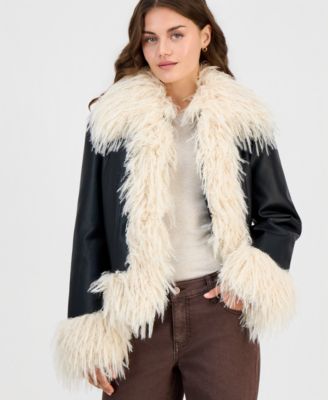 Petite Faux-Fur Cropped Faux Leather Jacket
