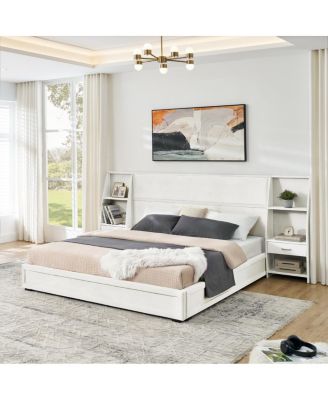  King Size Velvet Storage Platform Bed Frame with Bookcases and Drawer