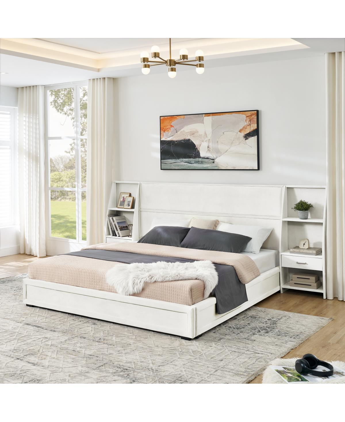 Streamdale Furniture King Size Velvet Storage Platform Bed Frame with Bookcases and Drawer