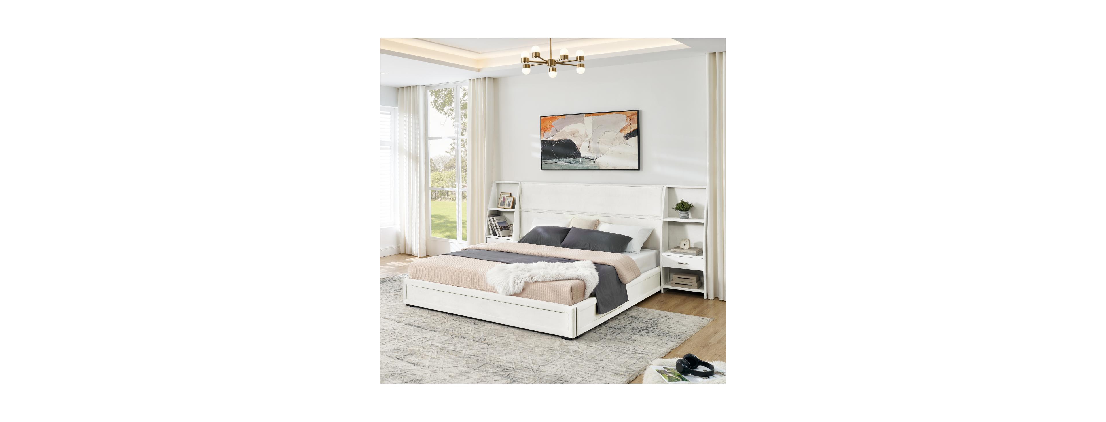 Streamdale Furniture King Size Velvet Storage Platform Bed Frame with Bookcases and Drawer