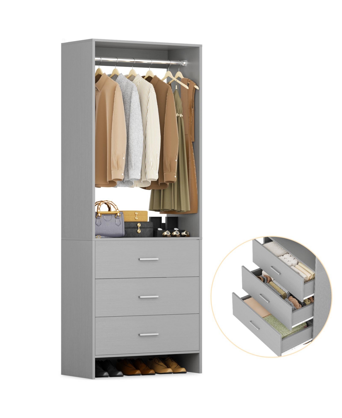 24" Freestanding Closet Organizer System with Hanging Rods and Drawers - Grey