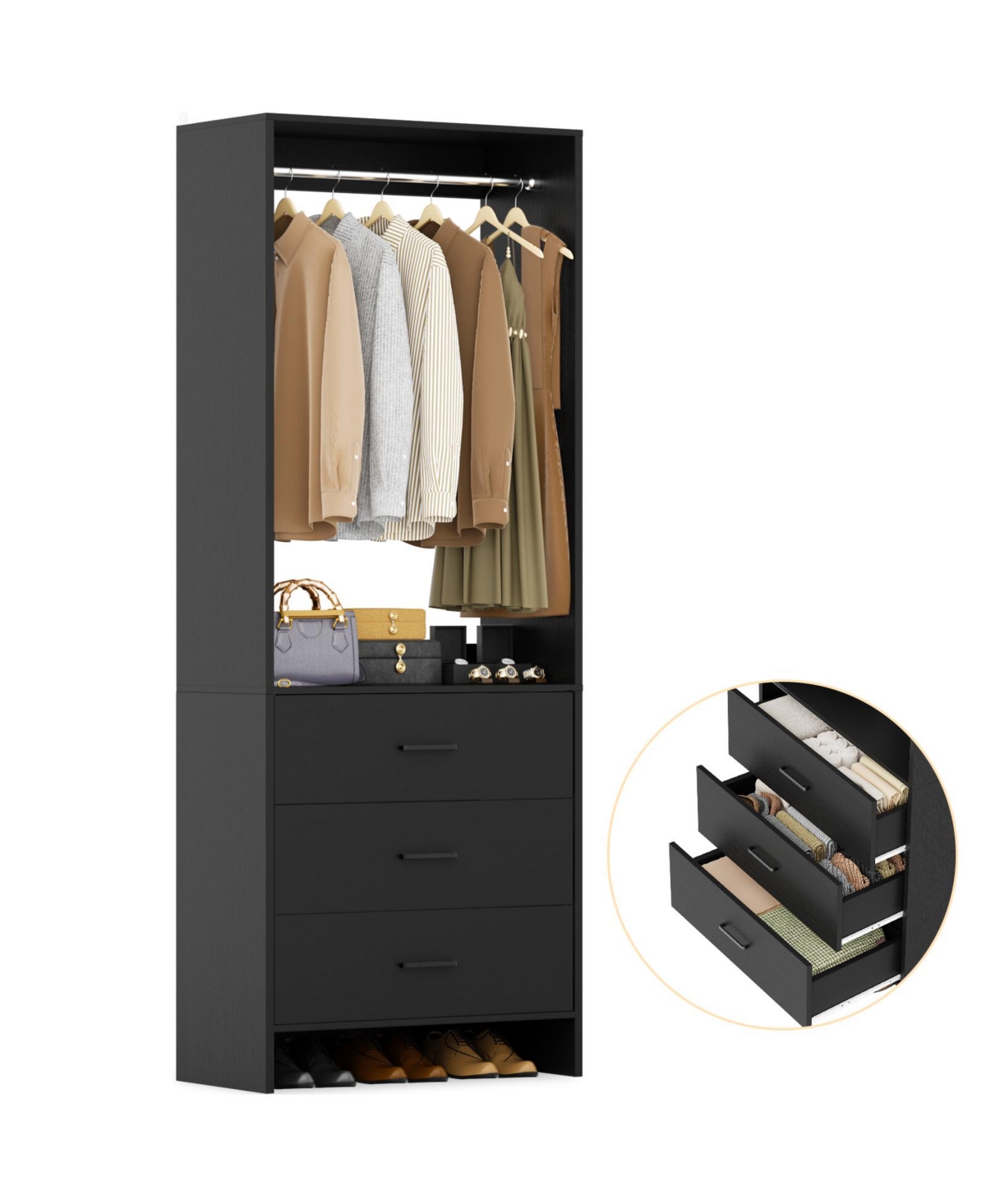24" Freestanding Closet Organizer System with Hanging Rods and Drawers - Black