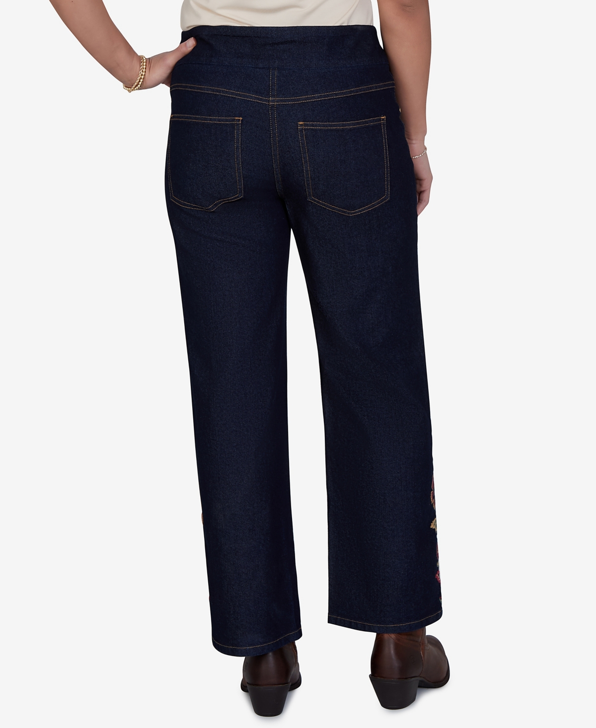 Ruby Rd. Petite Pull-on Wide-leg Embroidered Denim Pants In Blue