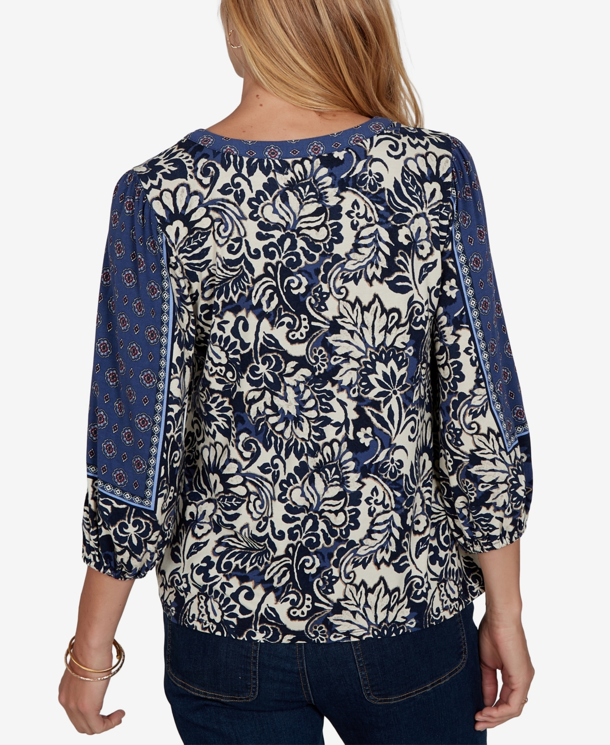 Ruby Rd. Petite Foliage Henley 3/4-sleeve Floral-print Blouse In Blue