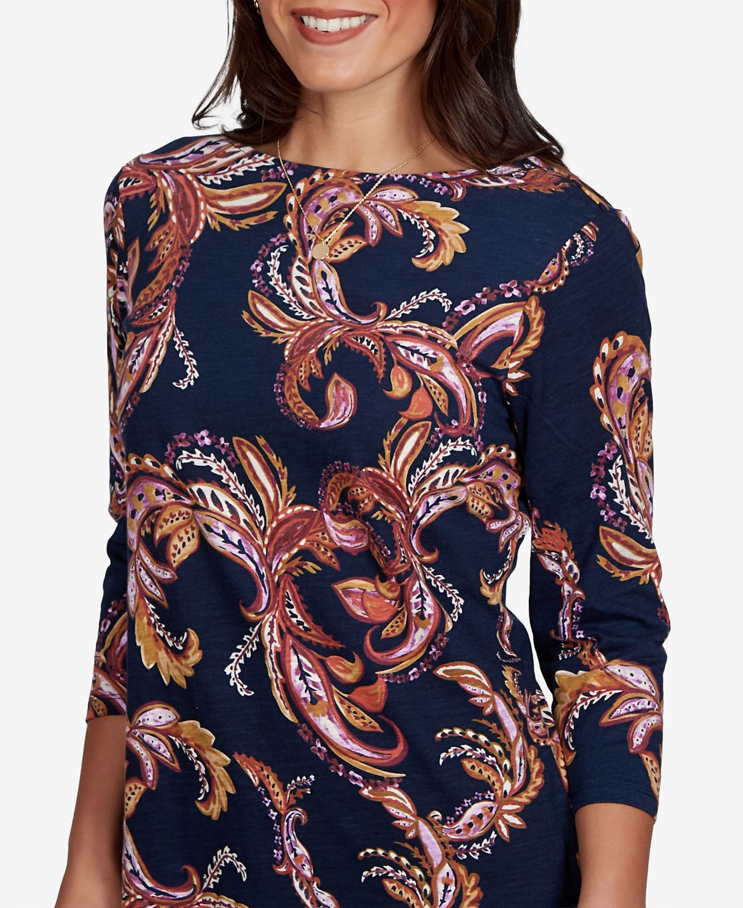 Petite Paisley-Print Boat Neck 3/4-Sleeve Top