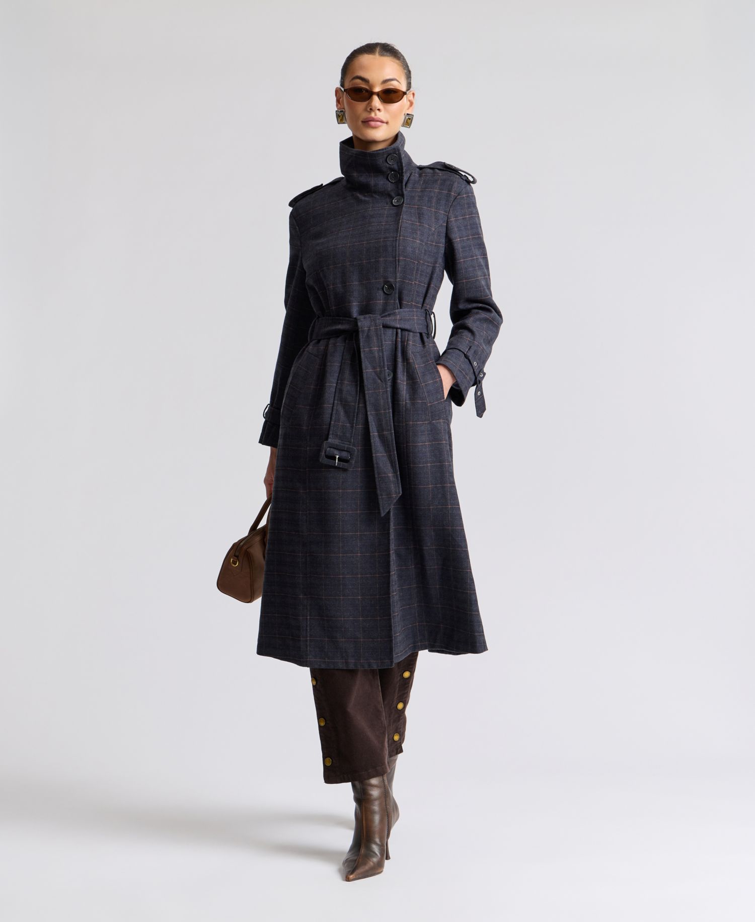 Women's Plaid Funnel Neck Belted Trench Coat