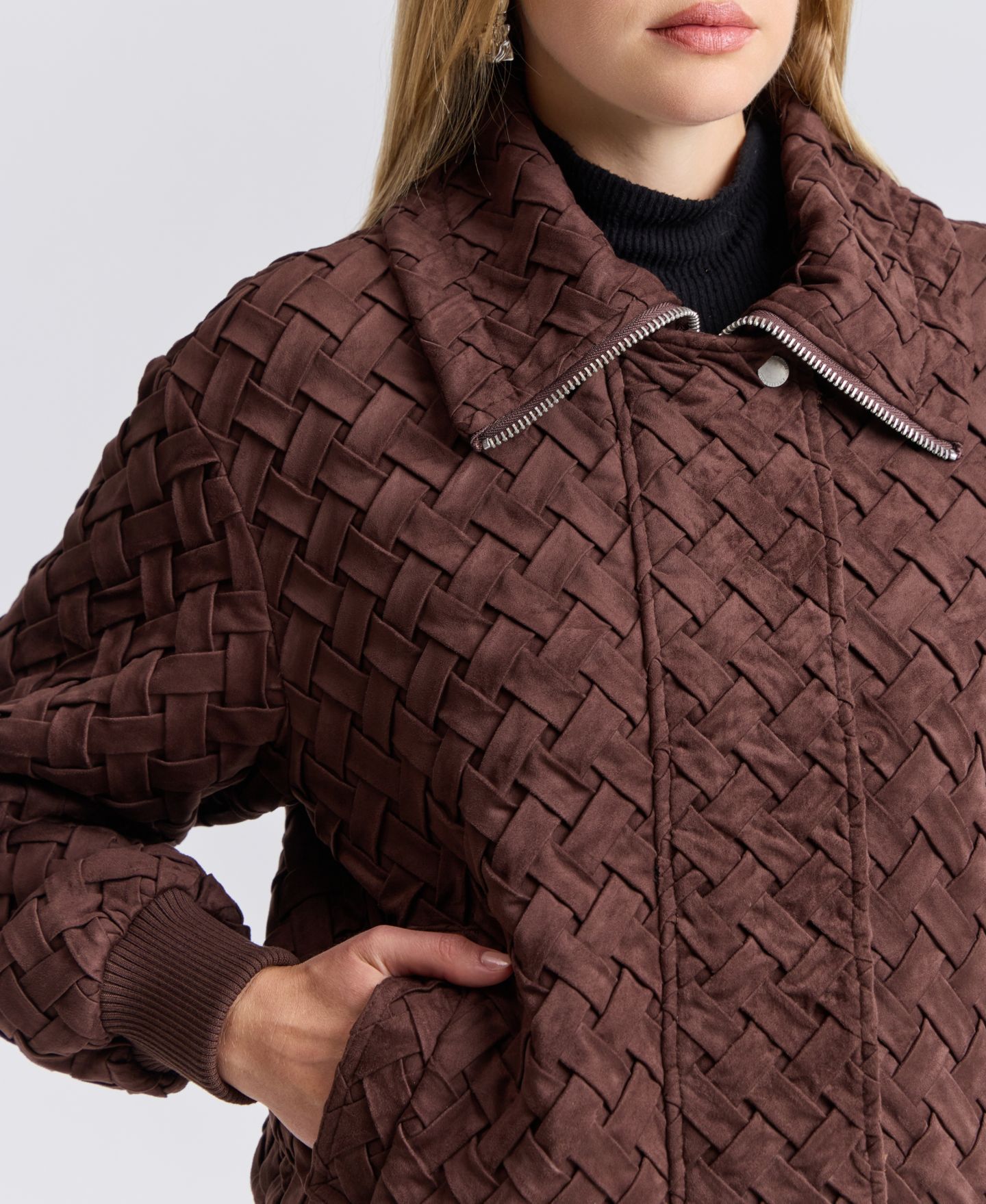 Женское пальто Avec Les Filles Oversized Basketweave Faux Suede Bomber, цвет: Mahogony — фото 7