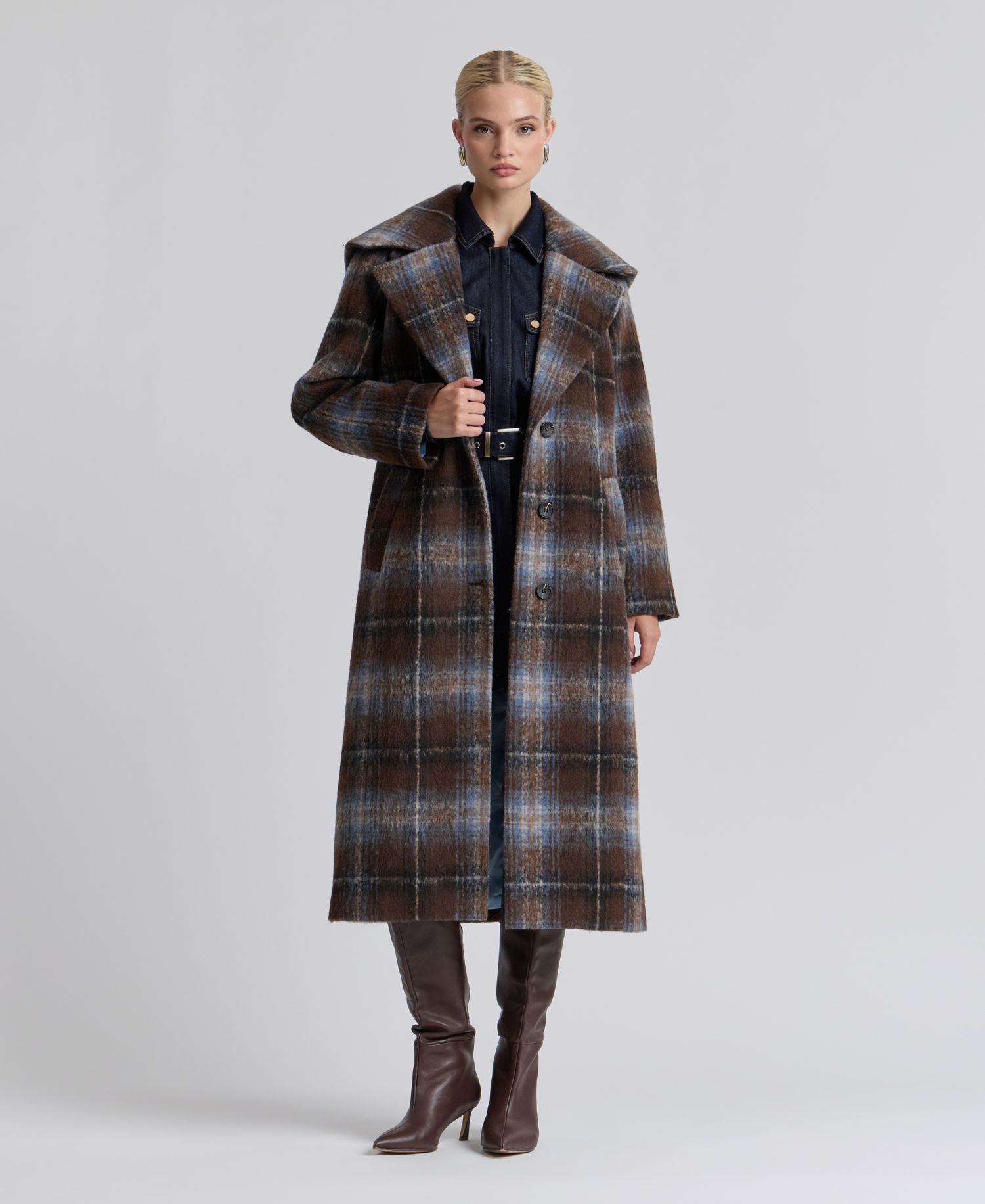 Women's Plaid Notch-Collar Maxi Coat