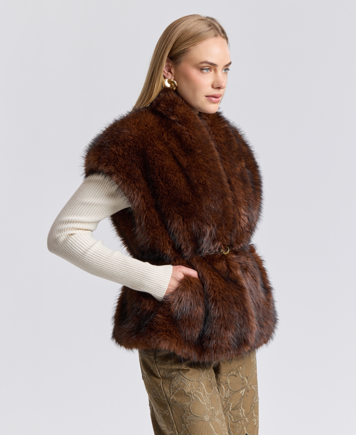 Avec Les Filles Women's Belted Faux Fur Shawl Collar Vest