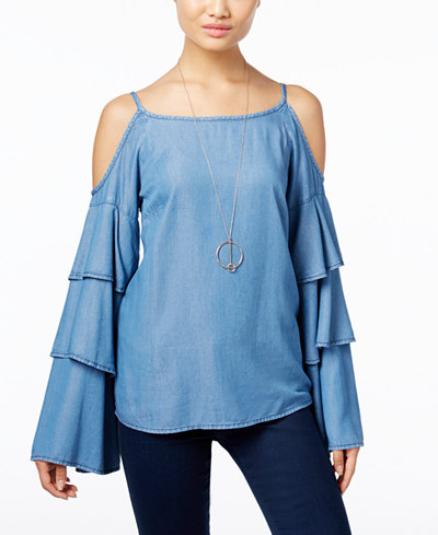 INC International Concepts Cold-Shoulder Ruffled Denim Top, Only at Macy's