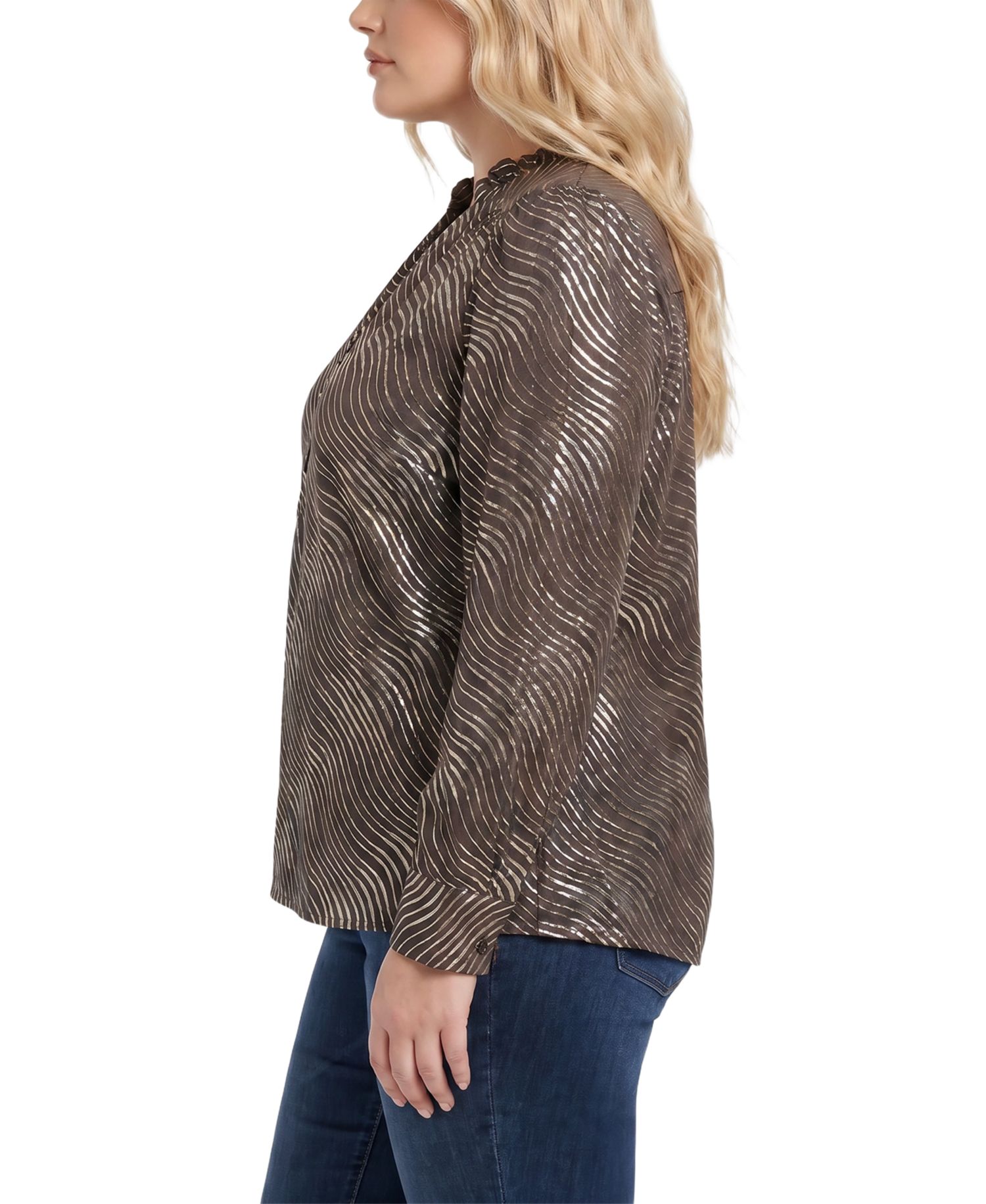 Plus Size Metallic-Print V-Neck Long-Sleeve Blouse