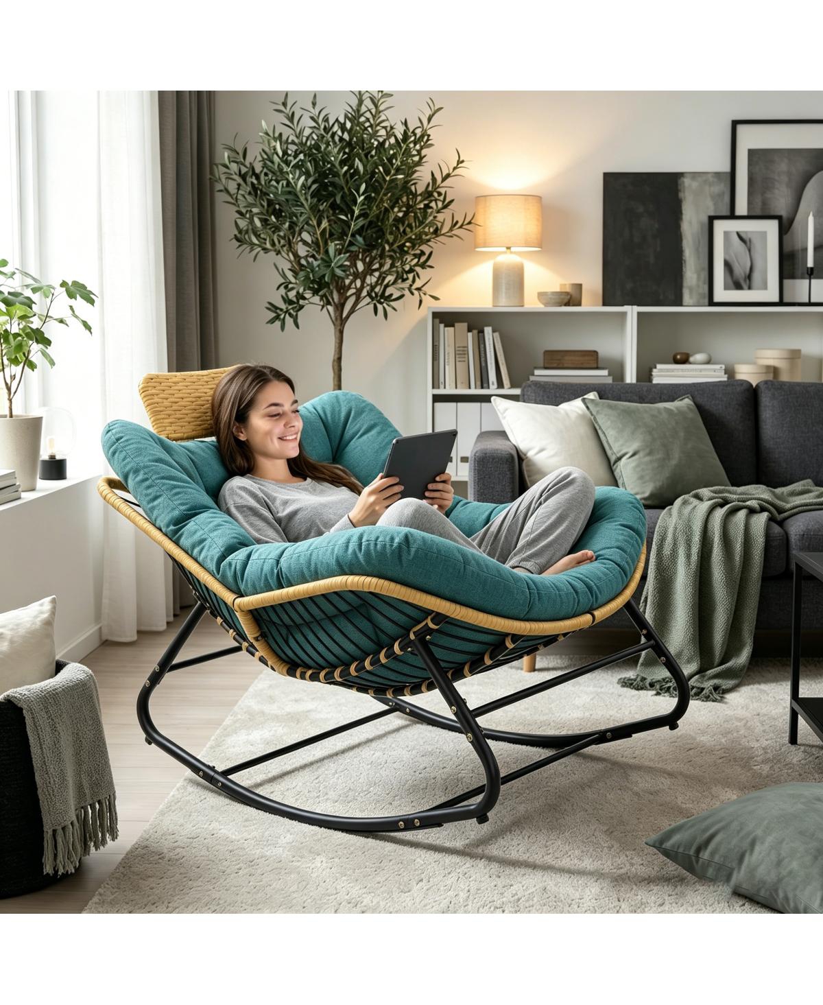 Streamdale Furniture Oversized Papasan Rocking Chair with Thick Cushion and Rattan Pillow