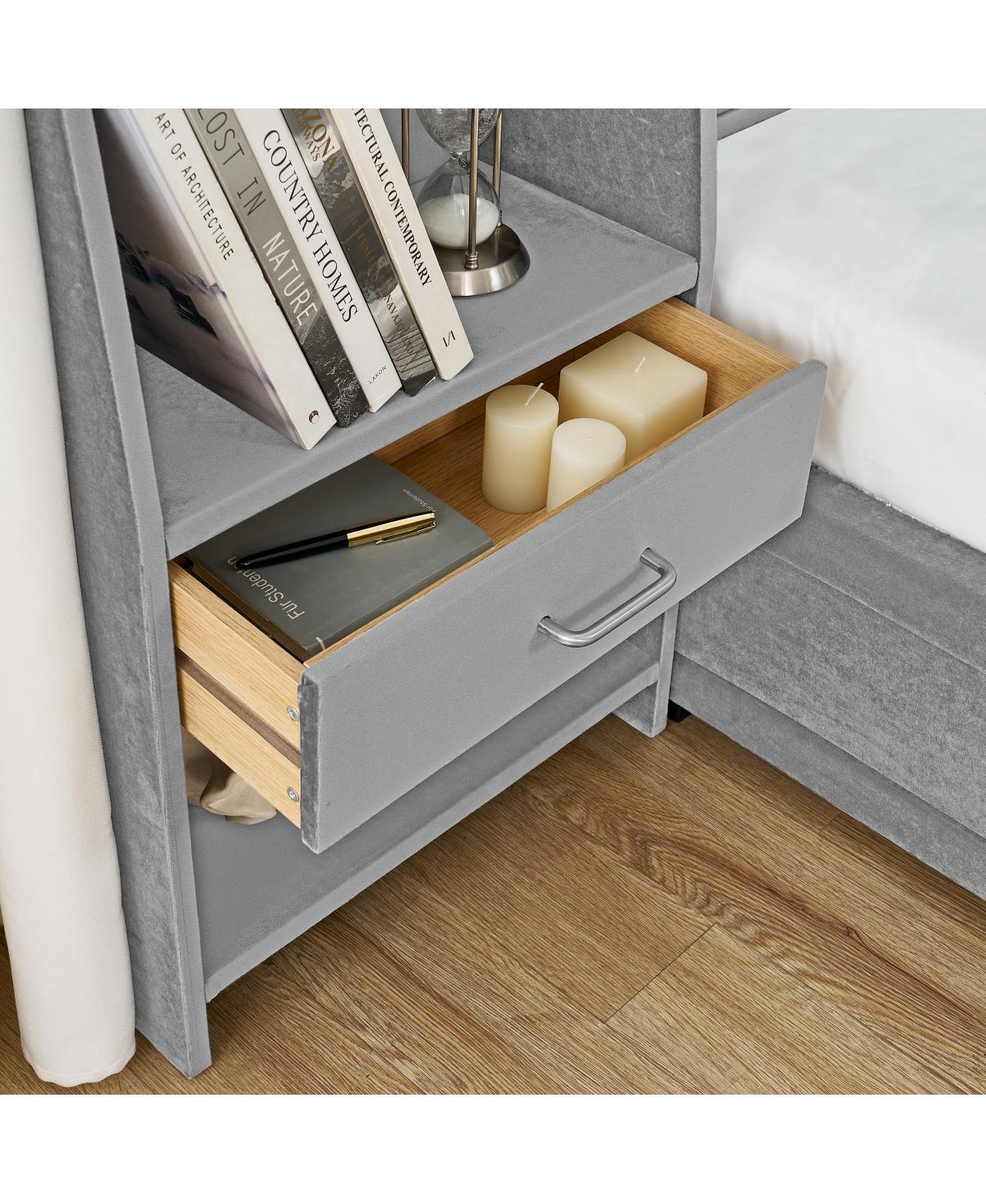Streamdale Furniture Queen Velvet Storage Bed Frame with Bookcases and Drawer
